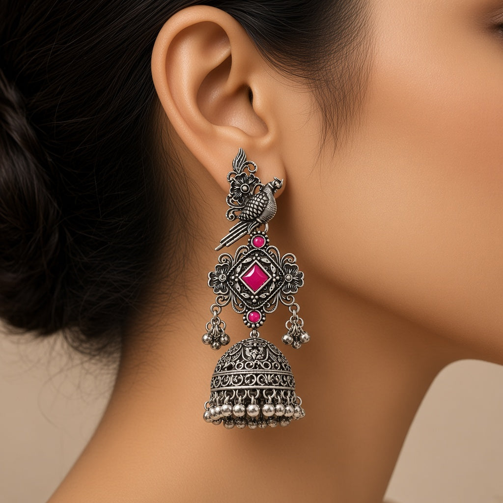 Tota Gulnaar Pink Oxidised Parrot Jhumkas - worn close-up (faceless model)