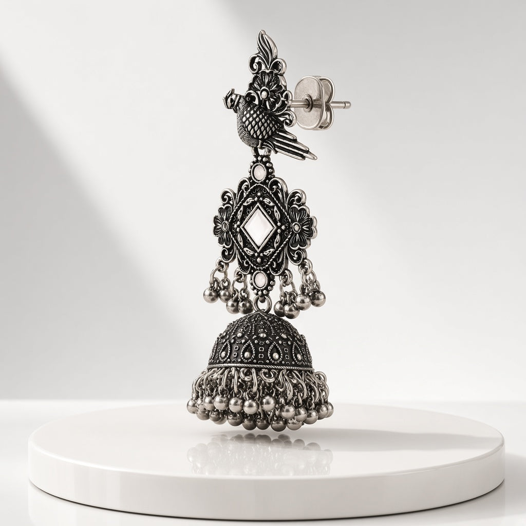 Tota Moti Blush White Oxidised Parrot Jhumkas - 3D view