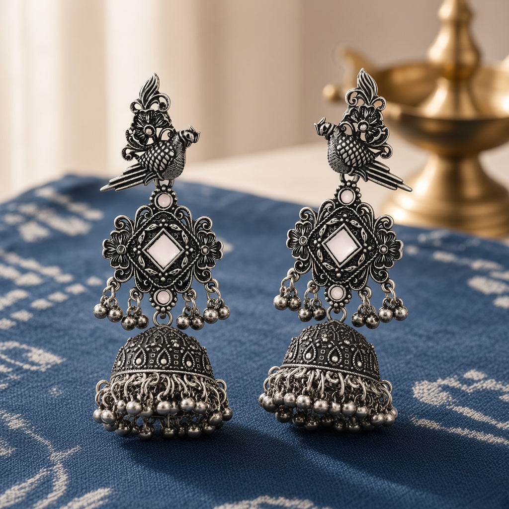 Tota Moti Blush White Oxidised Parrot Jhumkas - second angle