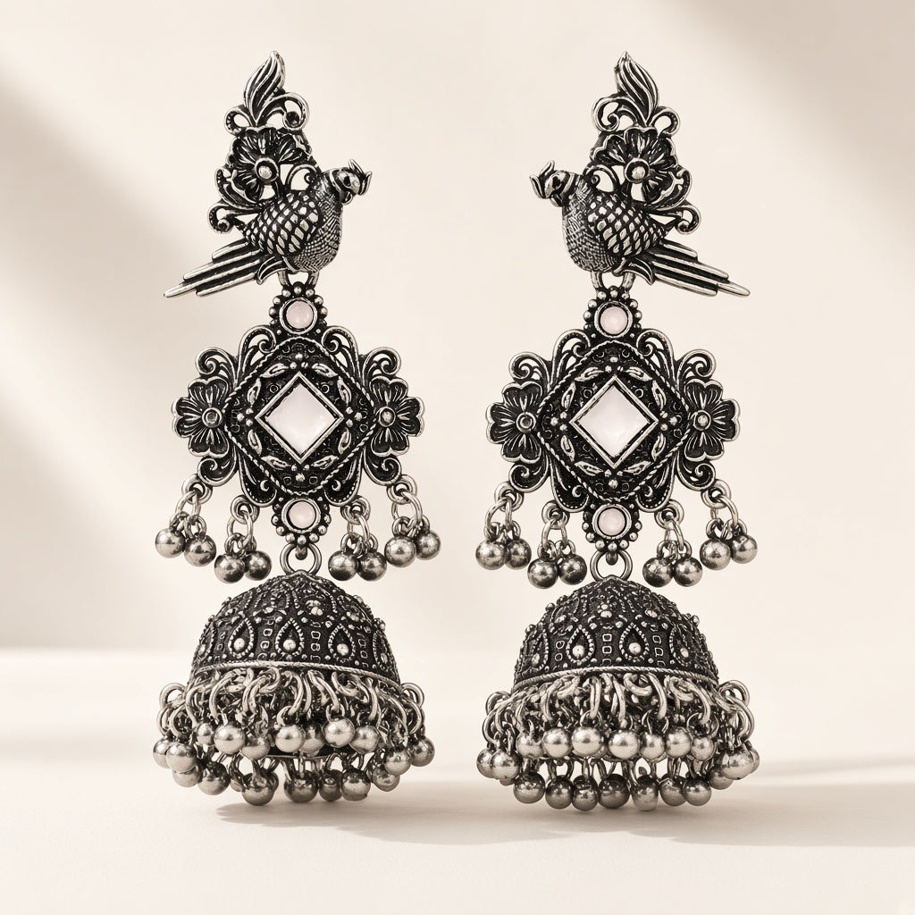 Tota Moti Blush White Oxidised Parrot Jhumkas - studio view