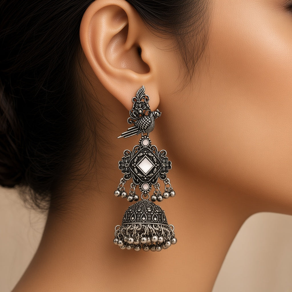 Tota Moti Blush White Oxidised Parrot Jhumkas - worn close-up (faceless model)