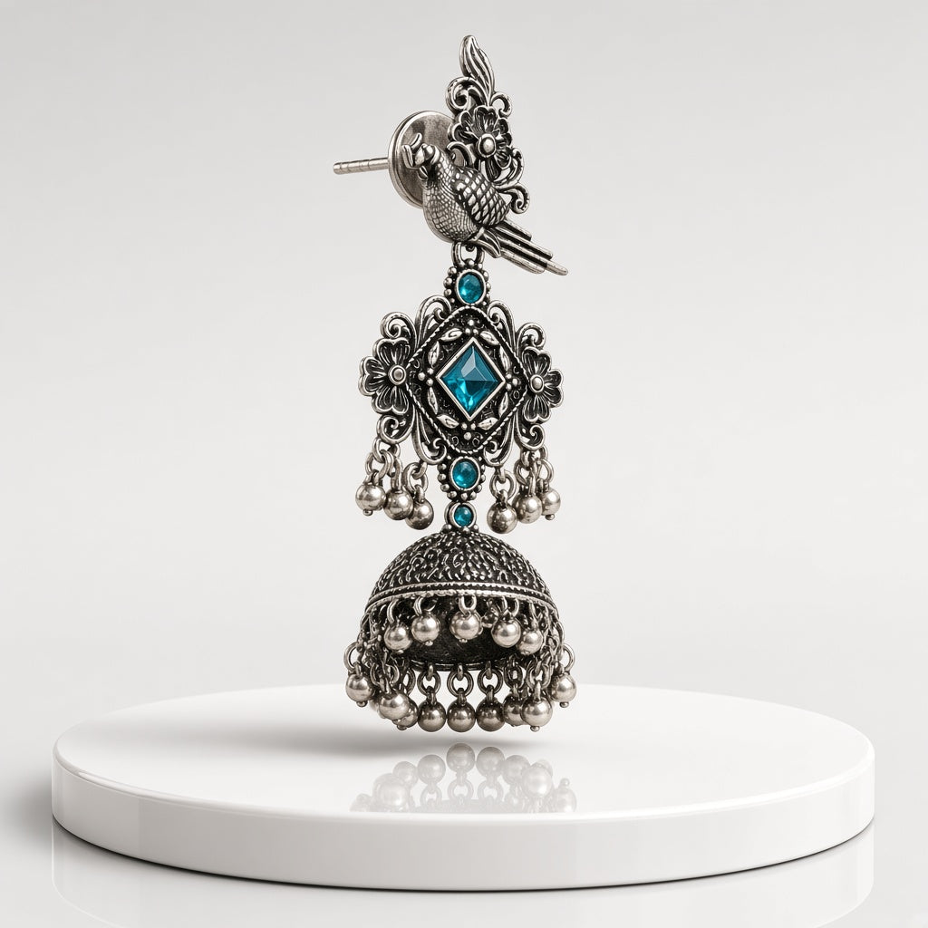 Tota Oxidised Parrot Jhumkas in Teal Blue - 3D view