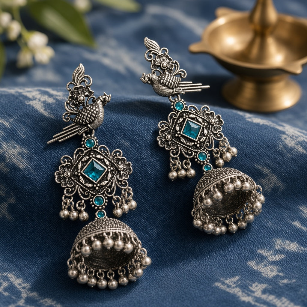Tota Samundari Teal Blue Oxidised Parrot Jhumkas - second angle
