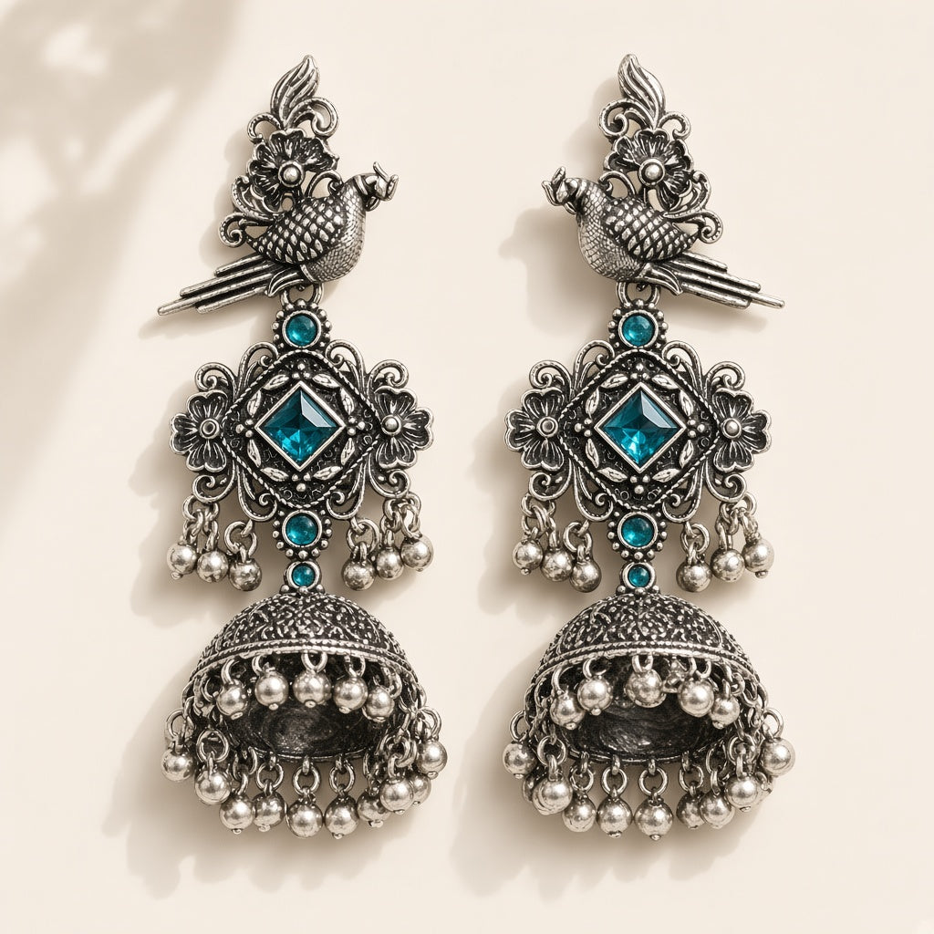 Tota Samundari Teal Blue Oxidised Parrot Jhumkas - studio view