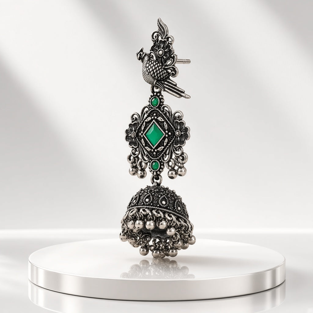 Tota Hara Green Oxidised Parrot Jhumkas - 3D view