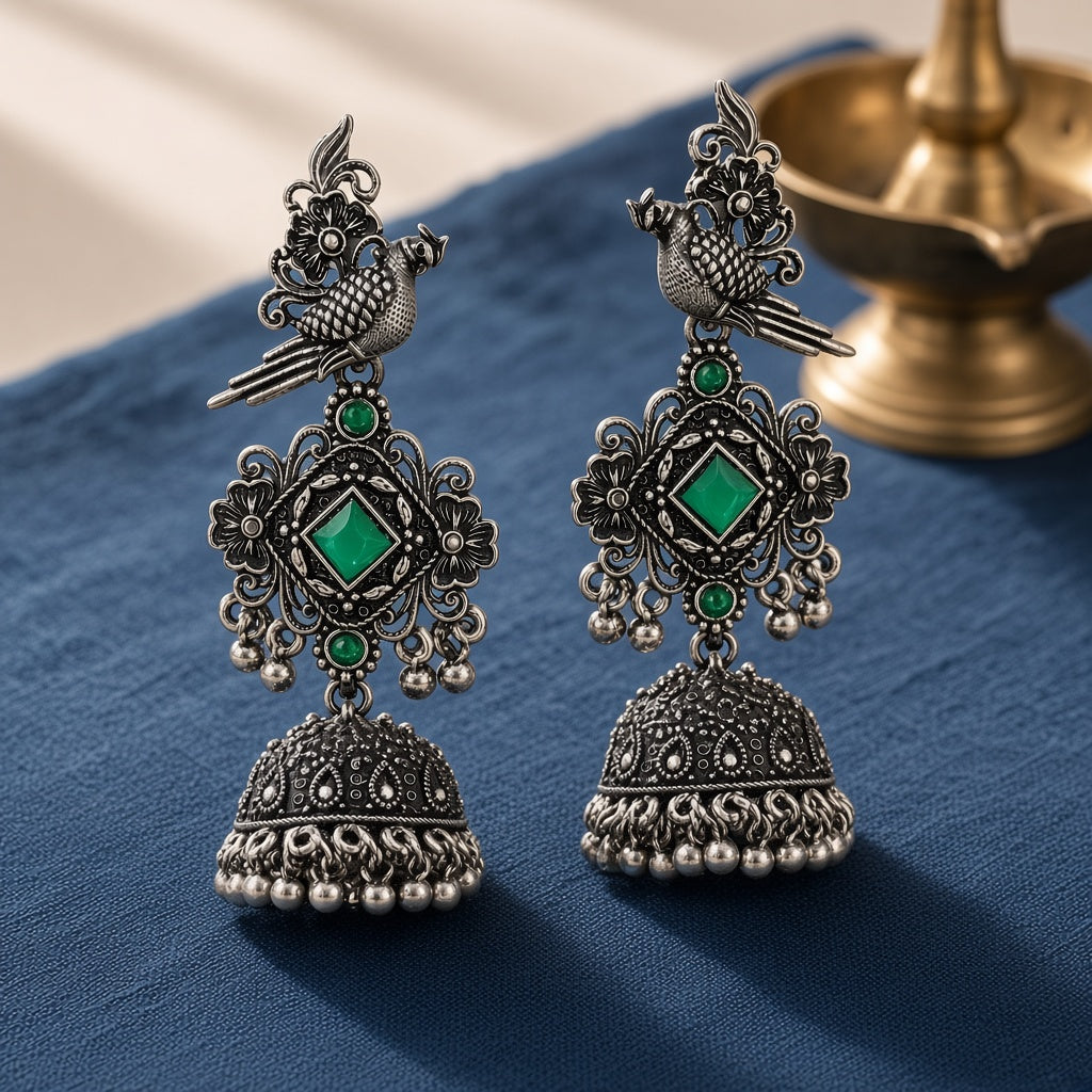 Tota Hara Green Oxidised Parrot Jhumkas - second angle