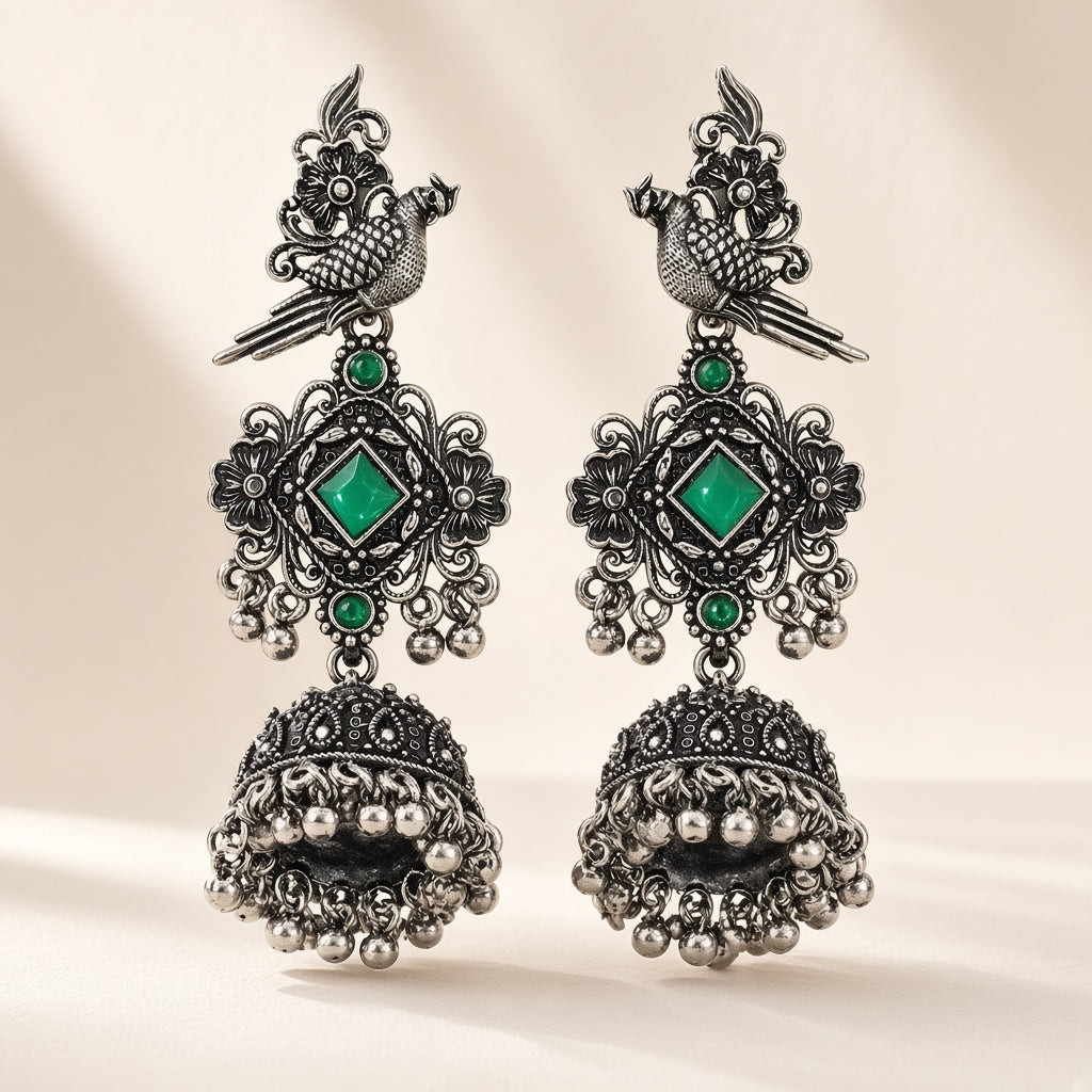 Tota Hara Green Oxidised Parrot Jhumkas - studio view