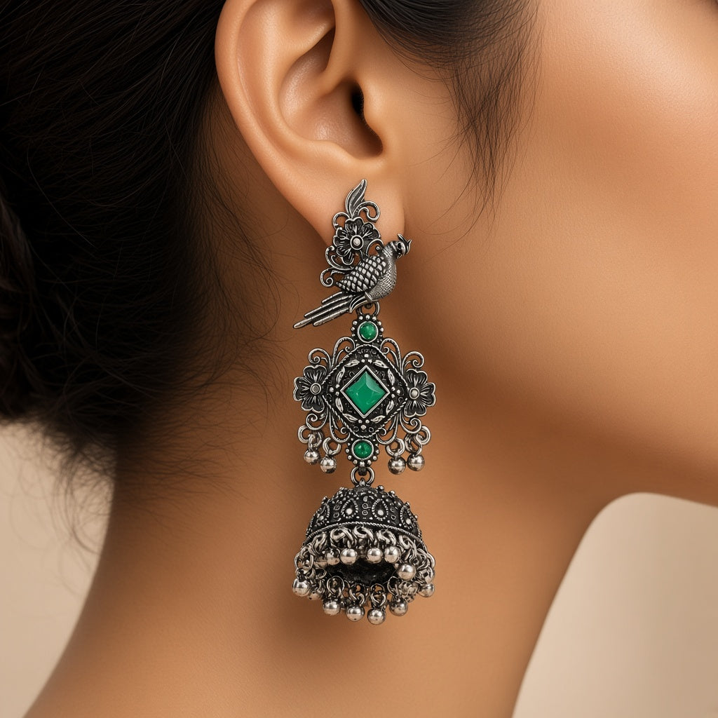 Tota Hara Green Oxidised Parrot Jhumkas - worn close-up (faceless model)