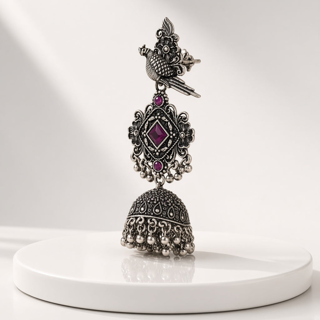 Tota Oxidised Parrot Jhumkas in Purple - 3D view