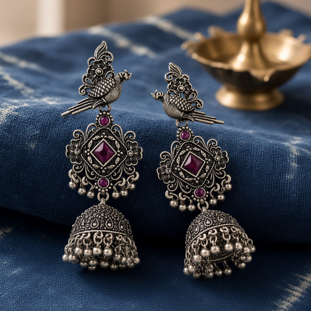 Tota Jamuni Purple Oxidised Parrot Jhumkas - second angle