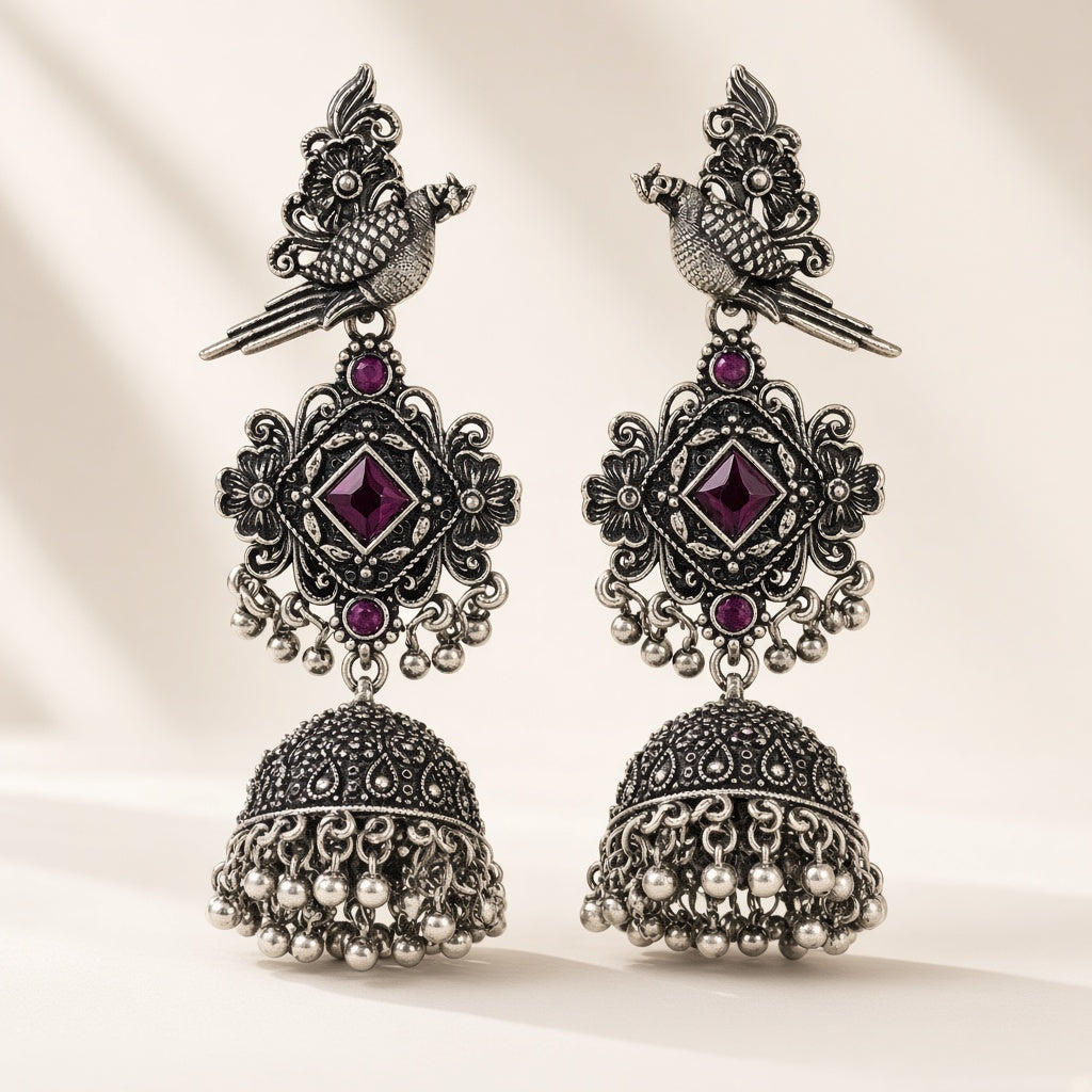 Tota Jamuni Purple Oxidised Parrot Jhumkas - studio view
