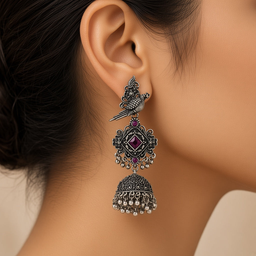 Tota Jamuni Purple Oxidised Parrot Jhumkas - worn close-up (faceless model)