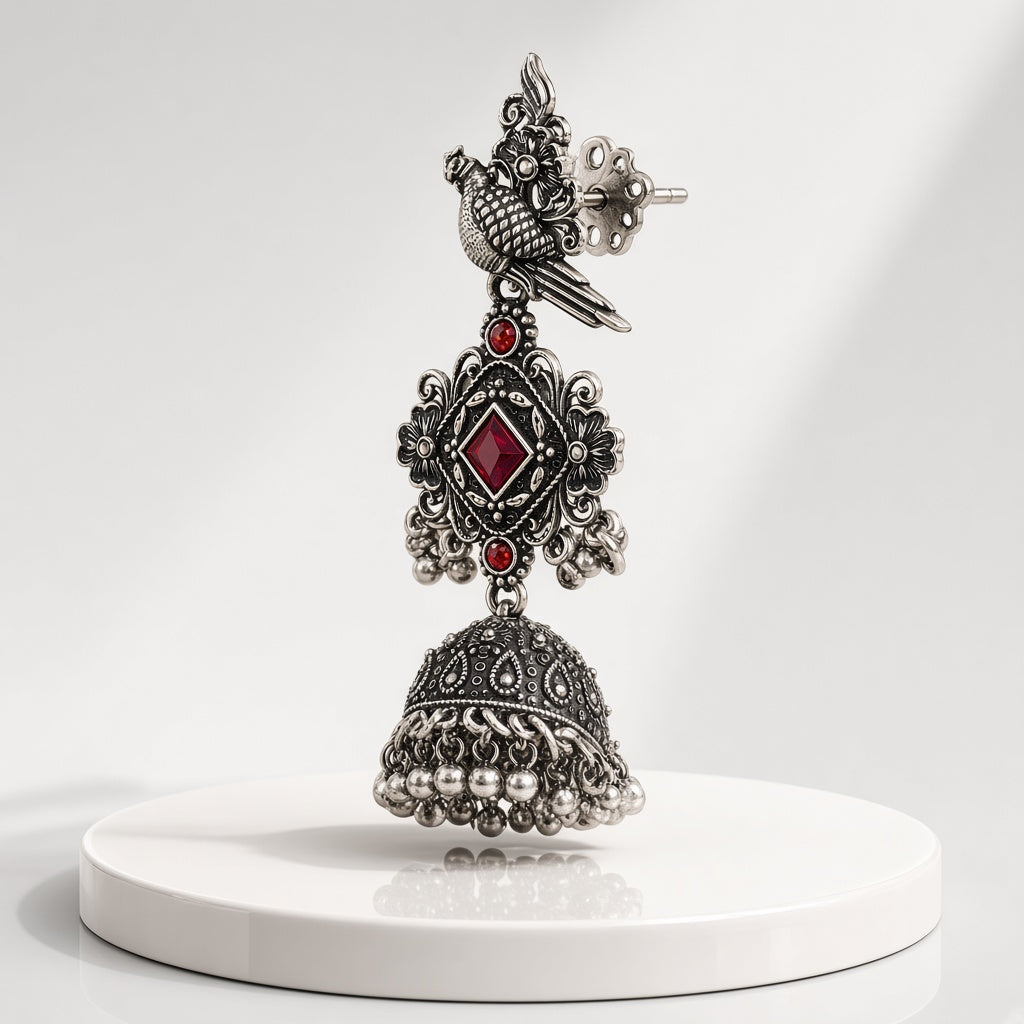 Tota Lal Red Oxidised Parrot Jhumkas - 3D view