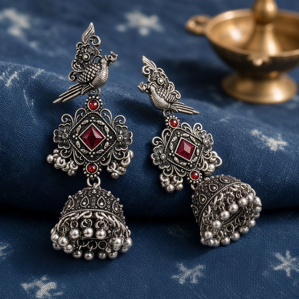 Tota Oxidised Parrot Jhumkas in Red - second angle