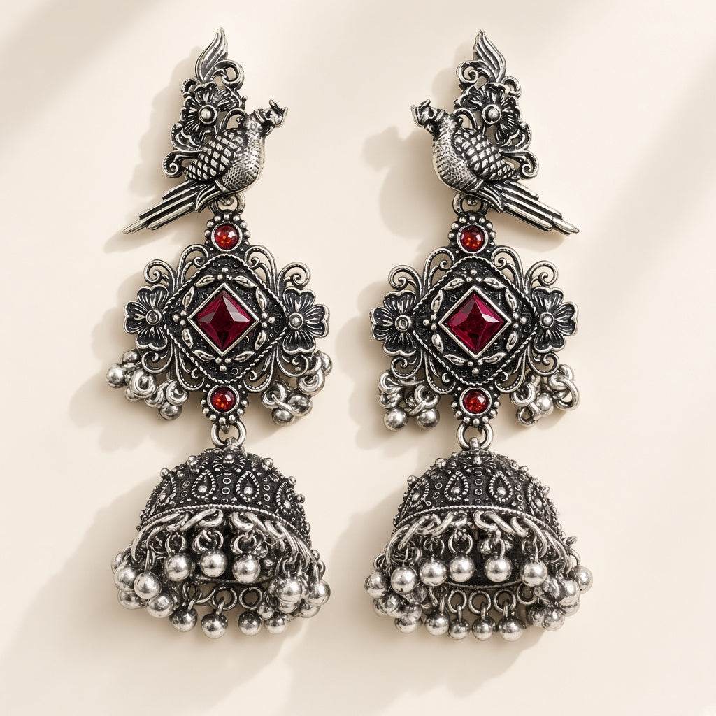 Tota Lal Red Oxidised Parrot Jhumkas - studio view