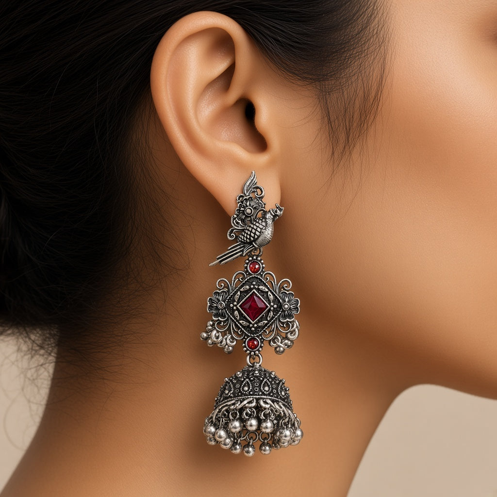 Tota Lal Red Oxidised Parrot Jhumkas - worn close-up (faceless model)