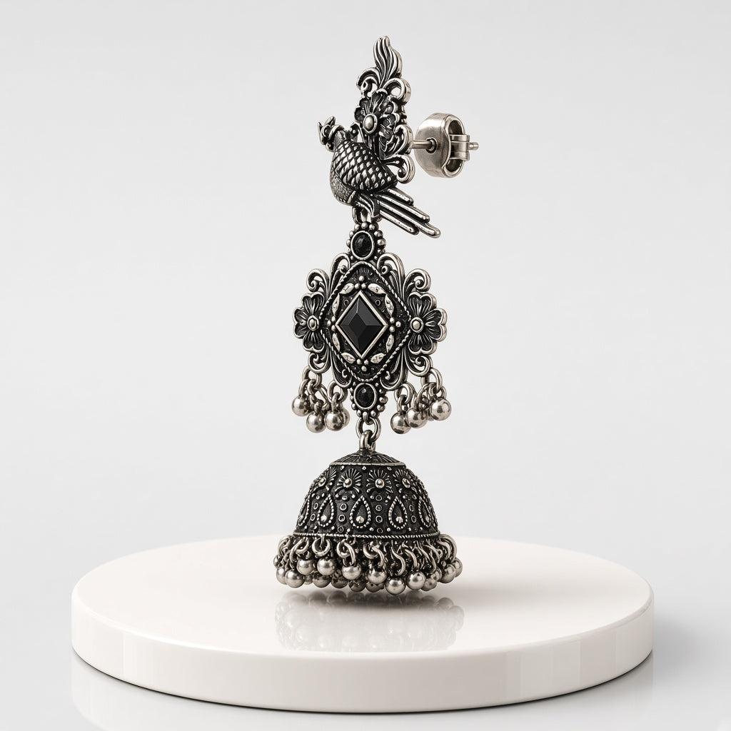 Tota Kaali Black Oxidised Parrot Jhumkas - 3D view