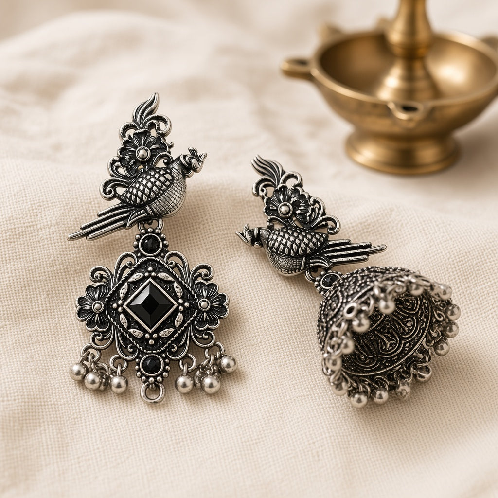 Tota Kaali Black Oxidised Parrot Jhumkas - second angle