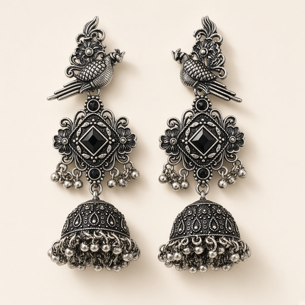 Tota Kaali Black Oxidised Parrot Jhumkas - studio view