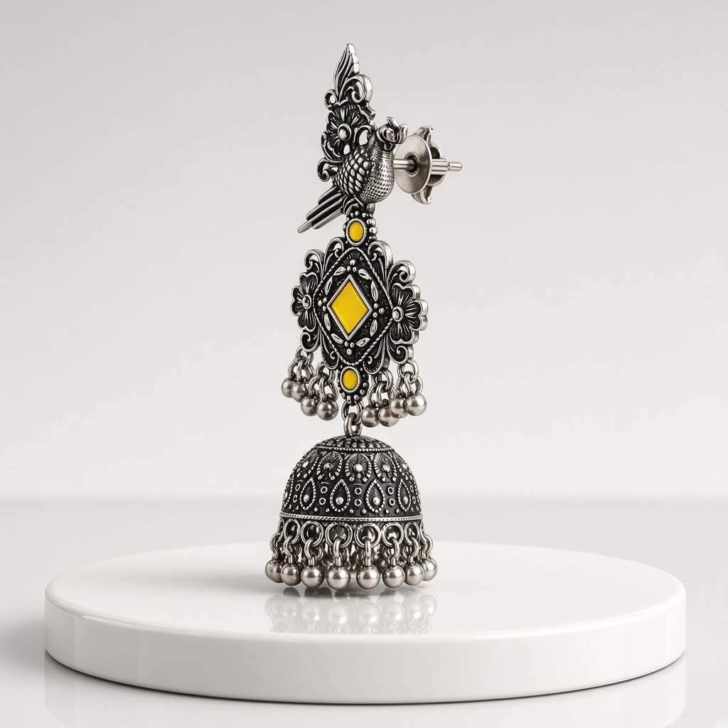 Tota Peela Yellow Oxidised Parrot Jhumkas - 3D view