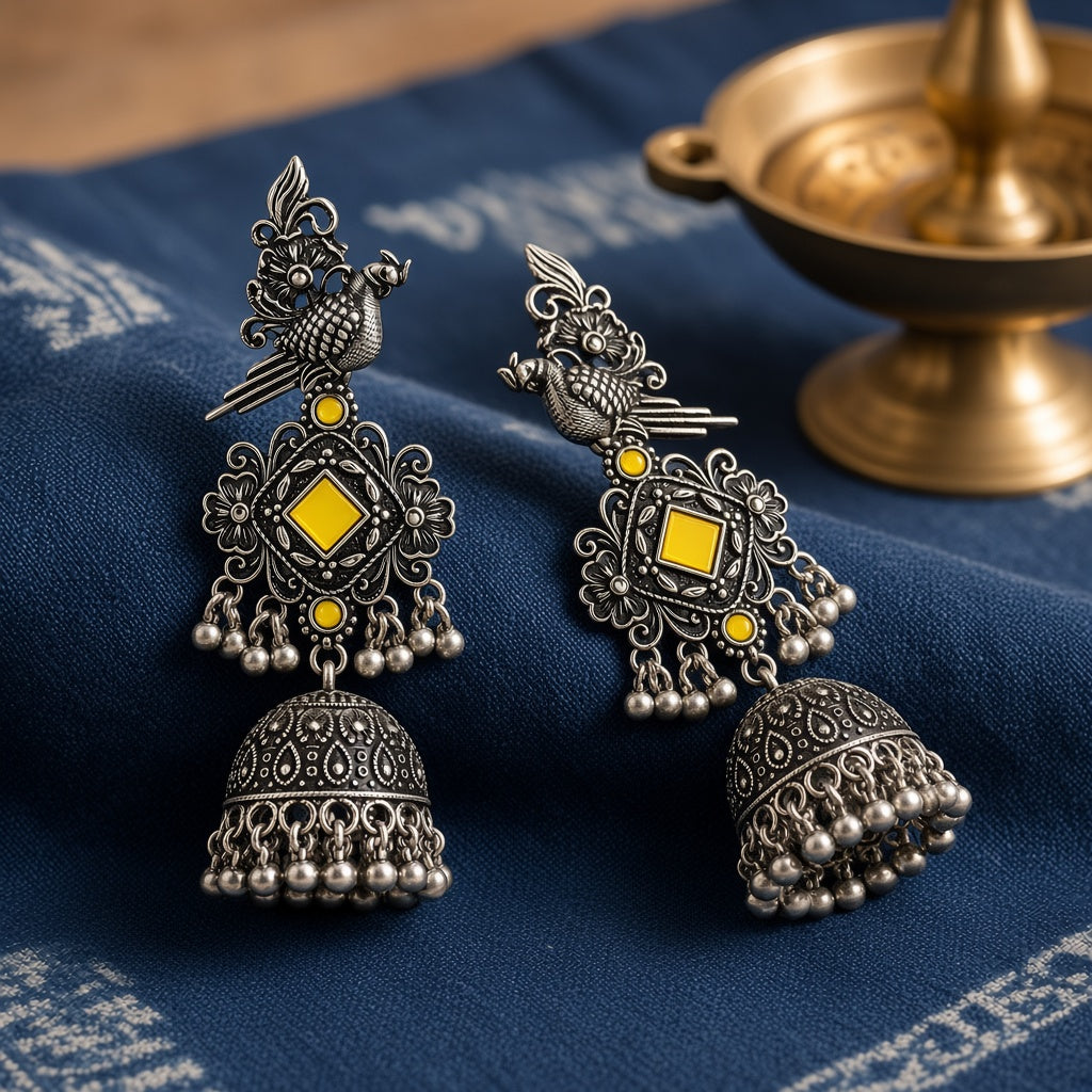 Tota Peela Yellow Oxidised Parrot Jhumkas - second angle
