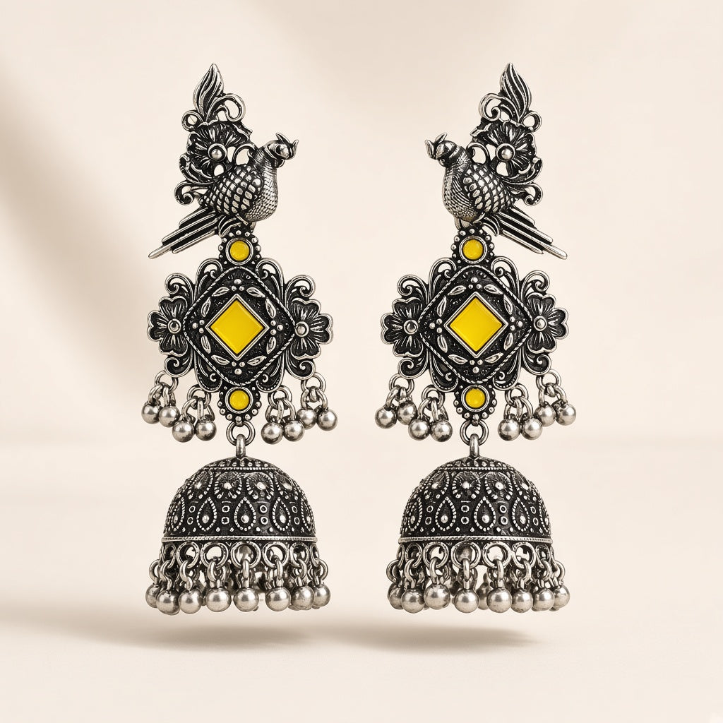 Tota Peela Yellow Oxidised Parrot Jhumkas - studio view