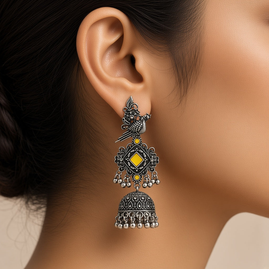 Tota Peela Yellow Oxidised Parrot Jhumkas - worn close-up (faceless model)