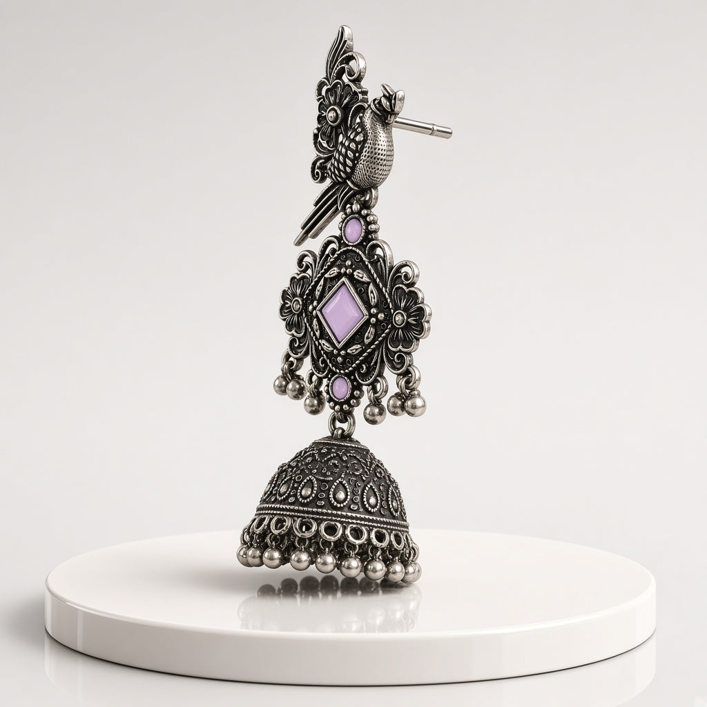 Tota Kasni Lavender Oxidised Parrot Jhumkas - 3D view