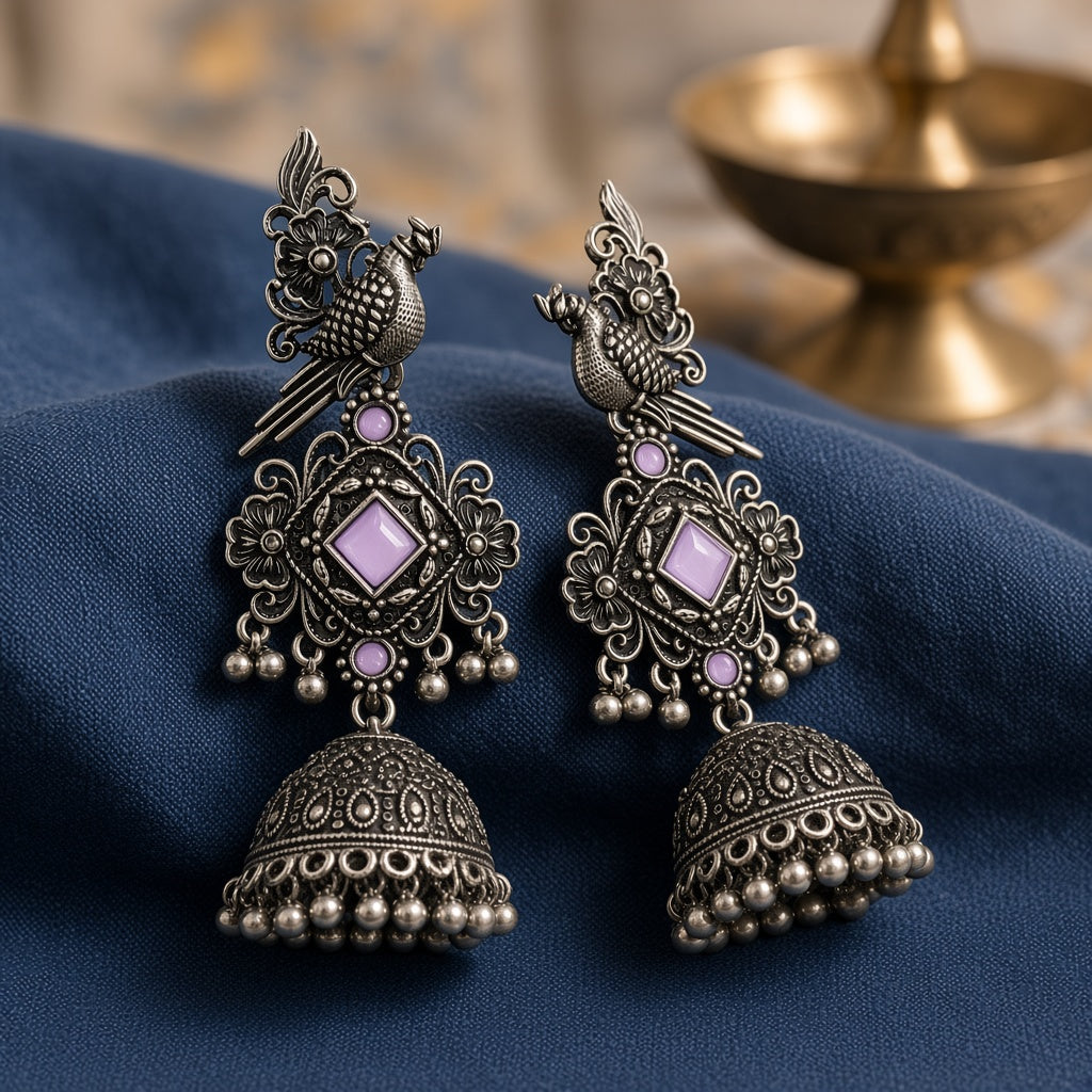 Tota Kasni Lavender Oxidised Parrot Jhumkas - second angle