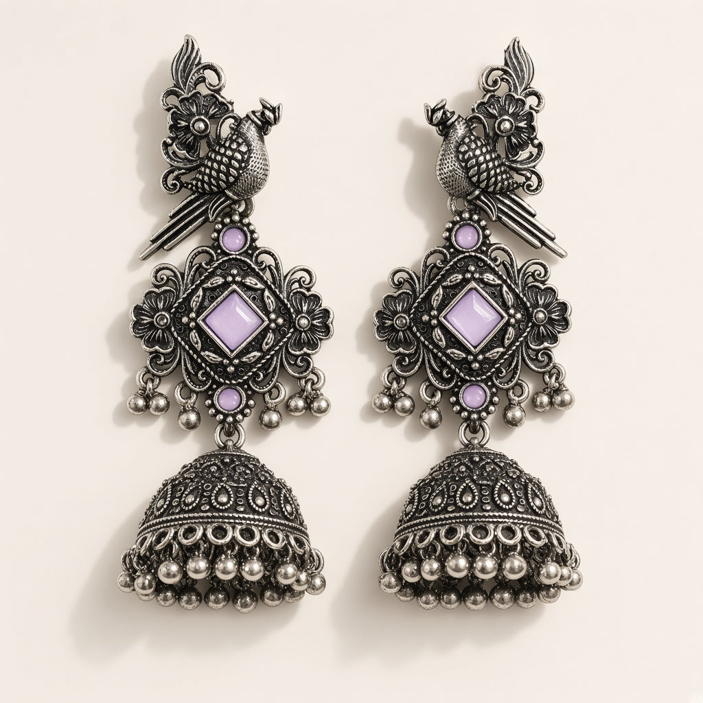 Tota Kasni Lavender Oxidised Parrot Jhumkas - studio view