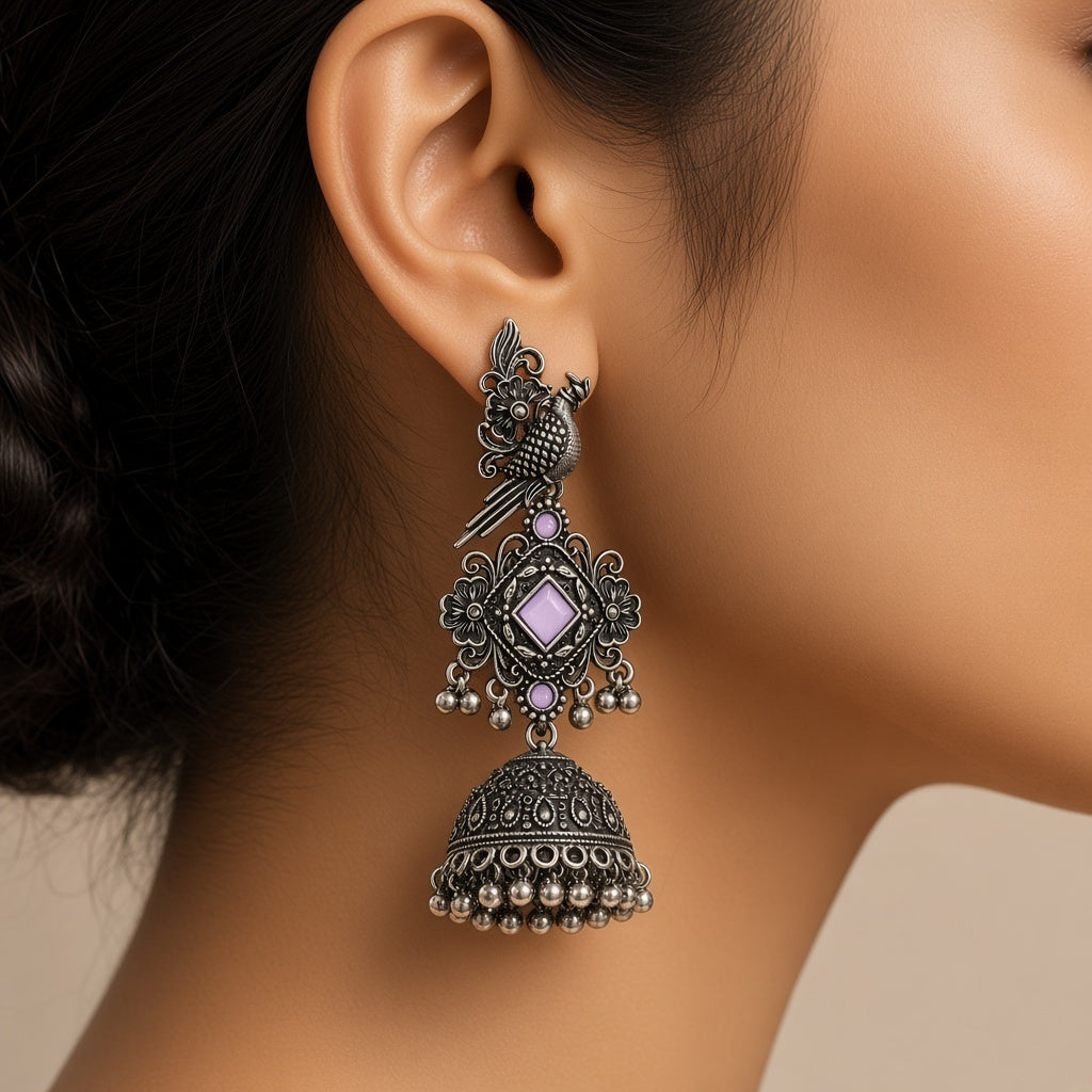 Tota Kasni Lavender Oxidised Parrot Jhumkas - worn close-up (faceless model)