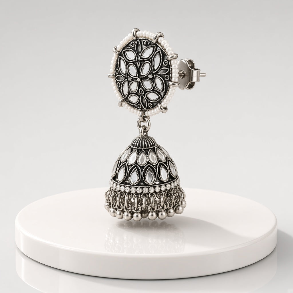 Aaina Oxidised Mirror Jhumkas - 3D view
