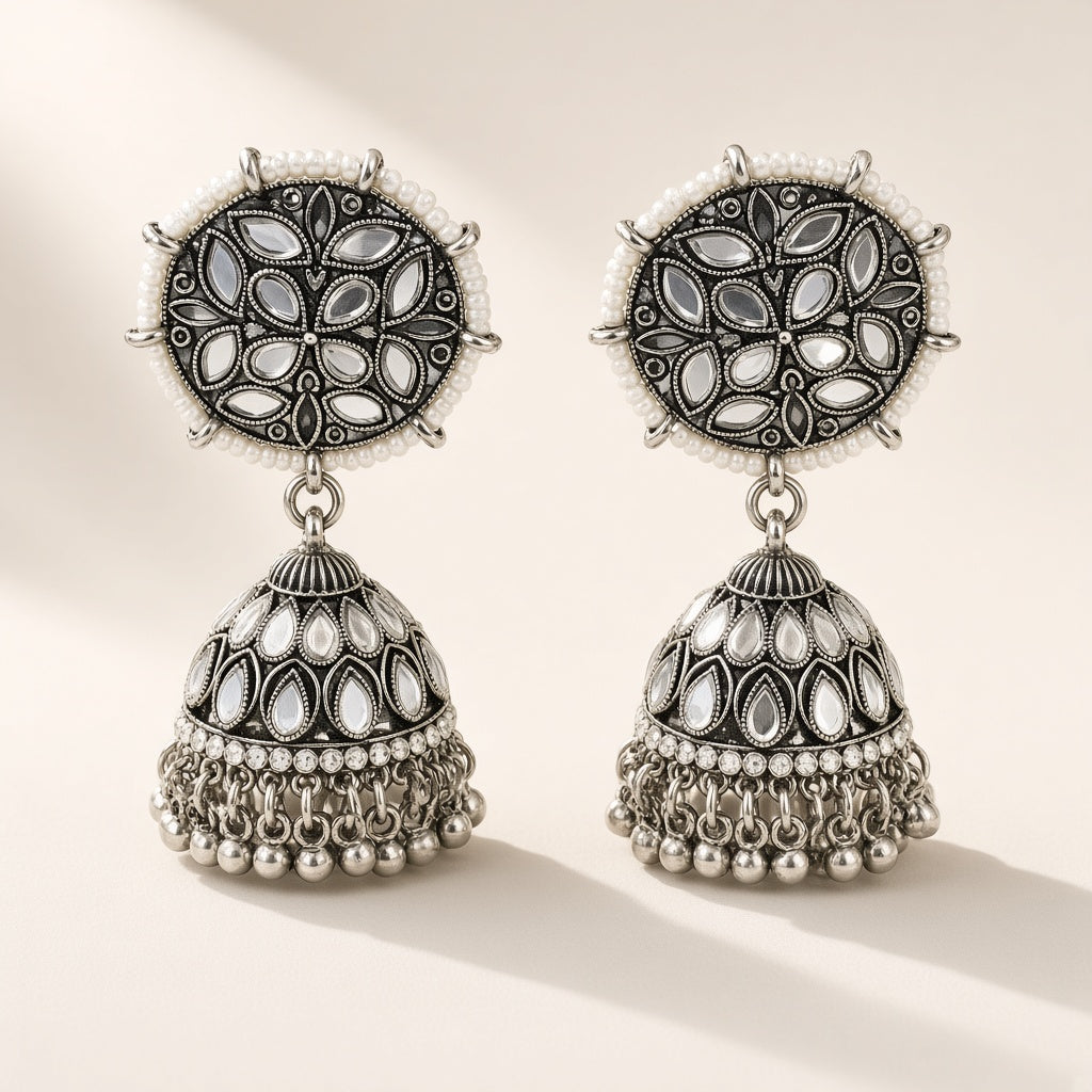 Aaina Oxidised Mirror Jhumkas - studio view