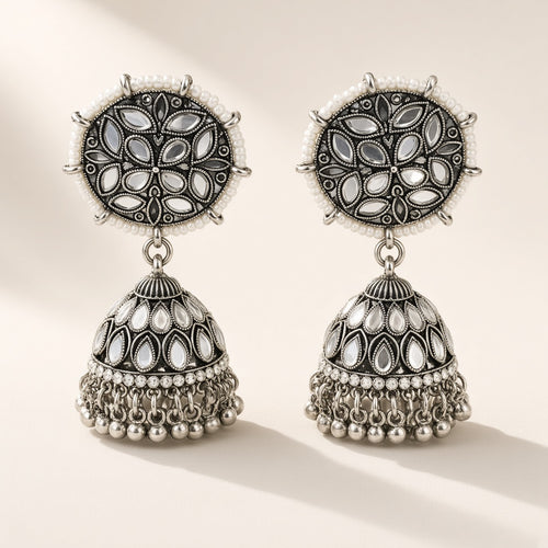 Aaina Oxidised Mirror Jhumkas - studio view