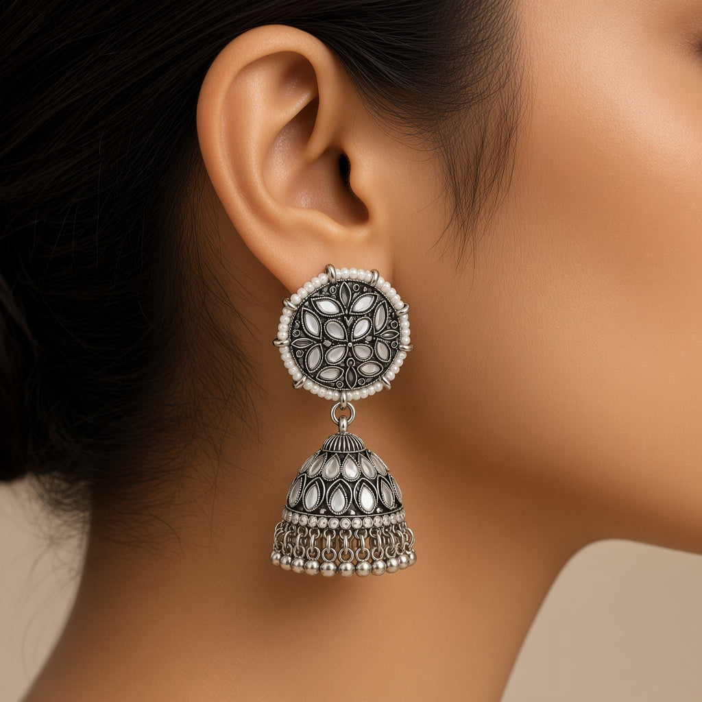 Aaina Oxidised Mirror Jhumkas - worn close-up (faceless model)
