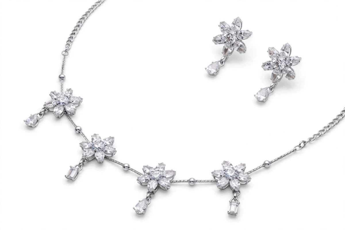 Chameli Crystal Flower Necklace Set - 3D view