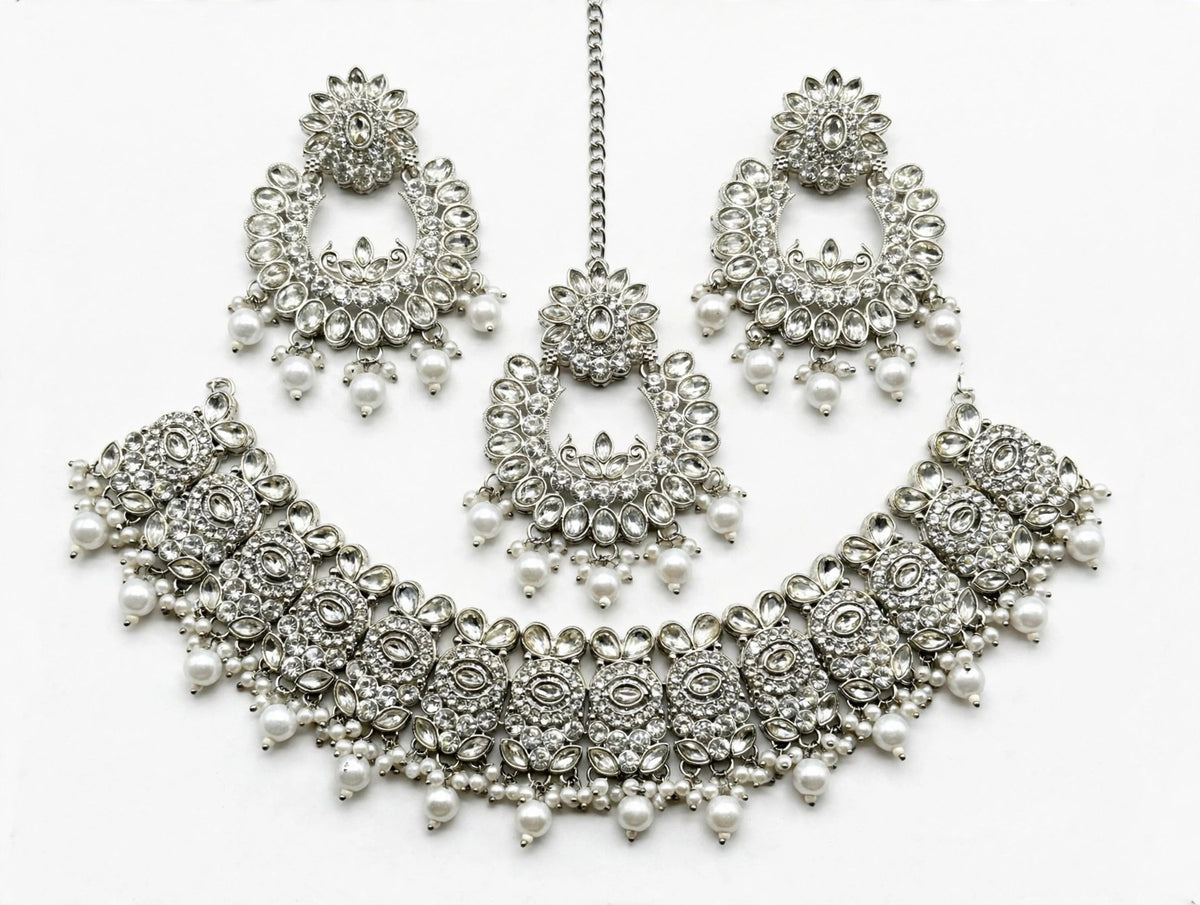 Chandni Silver Pearl Chandbali Bridal Set - studio view