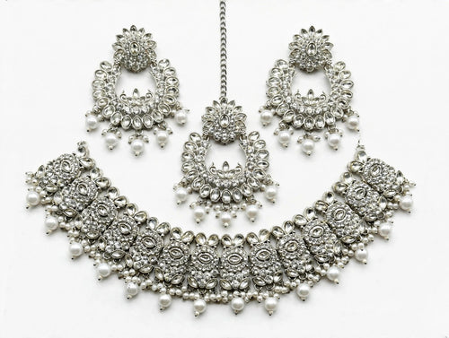 Chandni Silver Pearl Chandbali Bridal Set - studio view