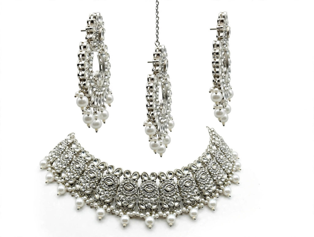 Chandni Silver Pearl Chandbali Bridal Set - second angle