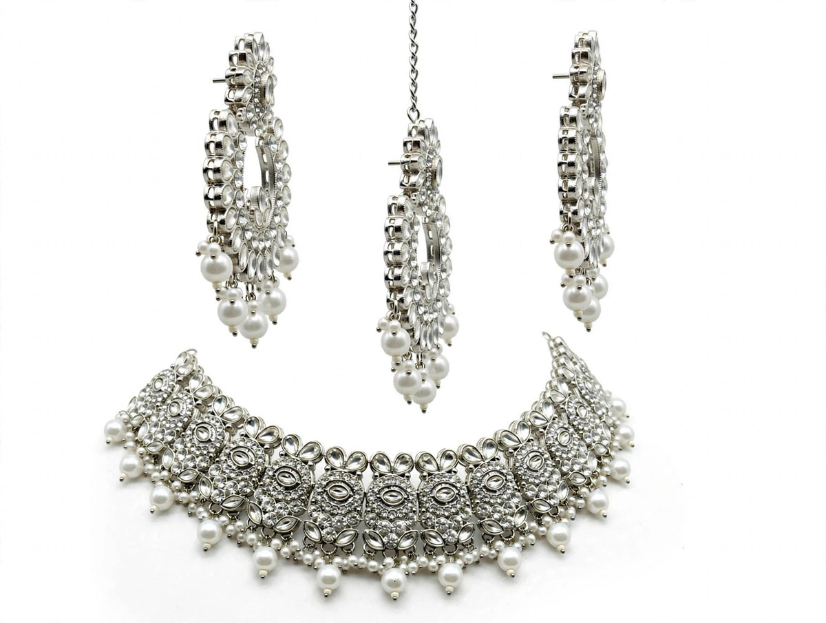 Chandni Silver Pearl Chandbali Bridal Set - second angle