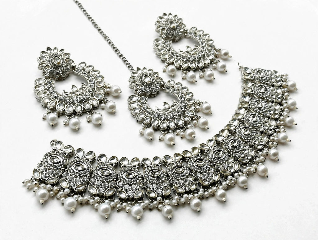 Chandni Silver Pearl Chandbali Bridal Set - 3D view