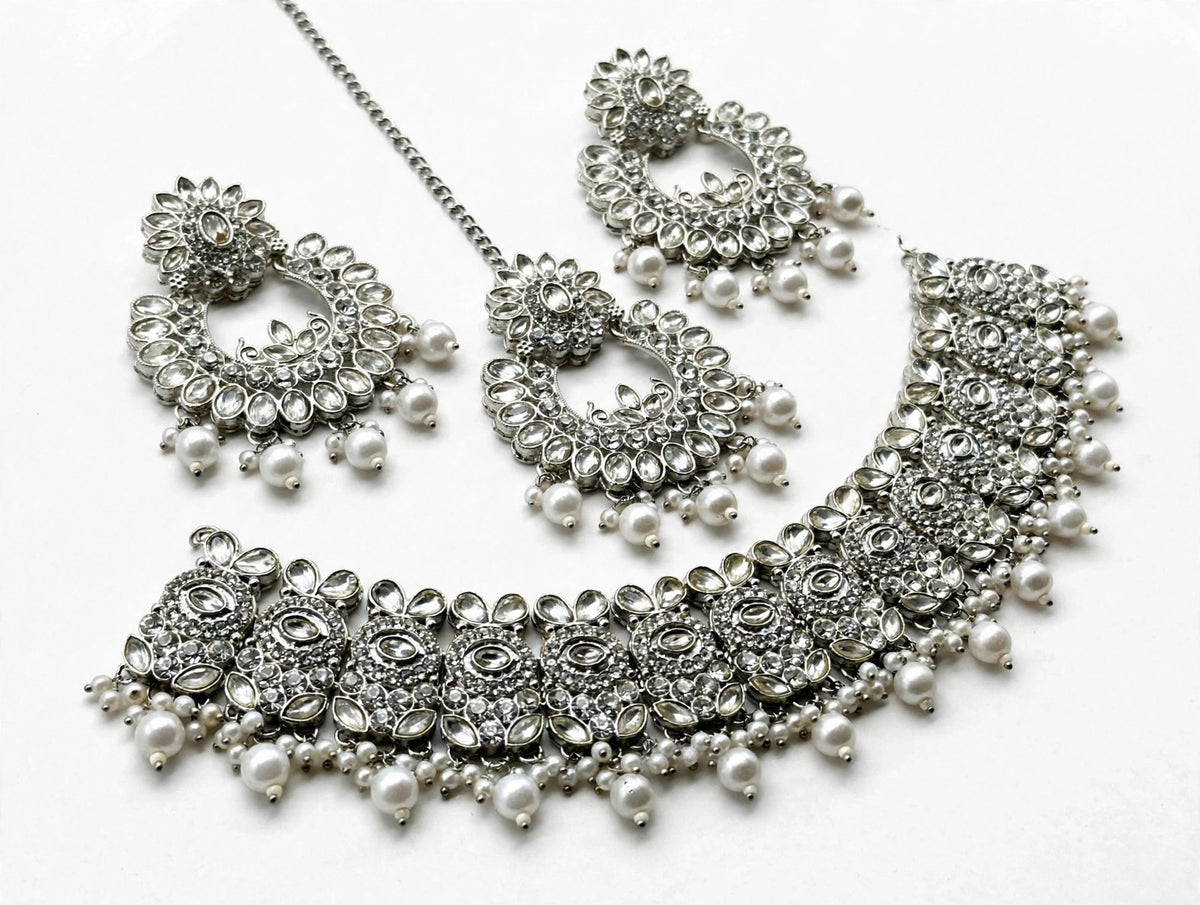 Chandni Silver Pearl Chandbali Bridal Set - 3D view