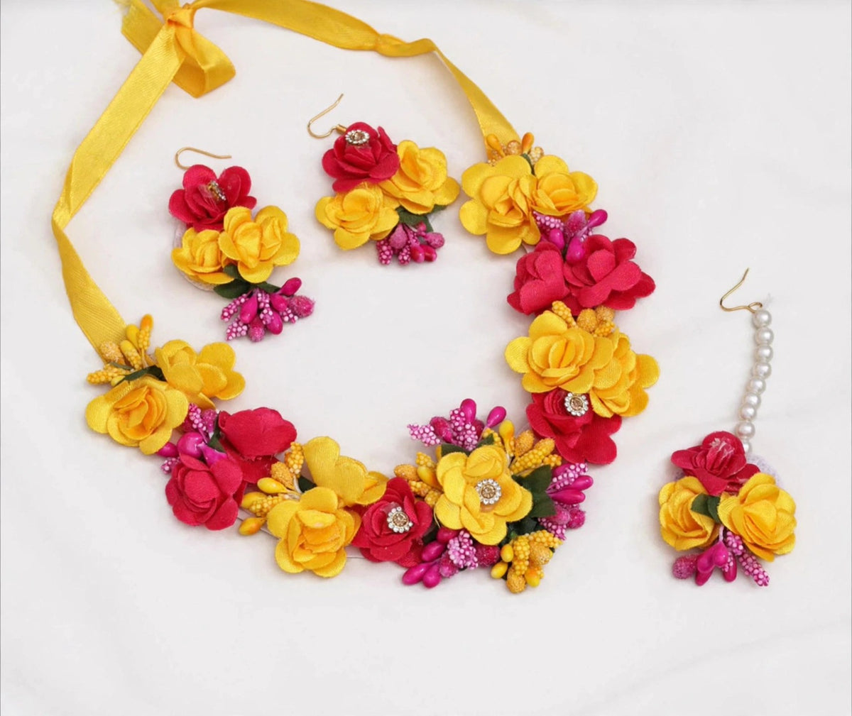 Genda Yellow & Red Floral Haldi Jewellery Set - studio view
