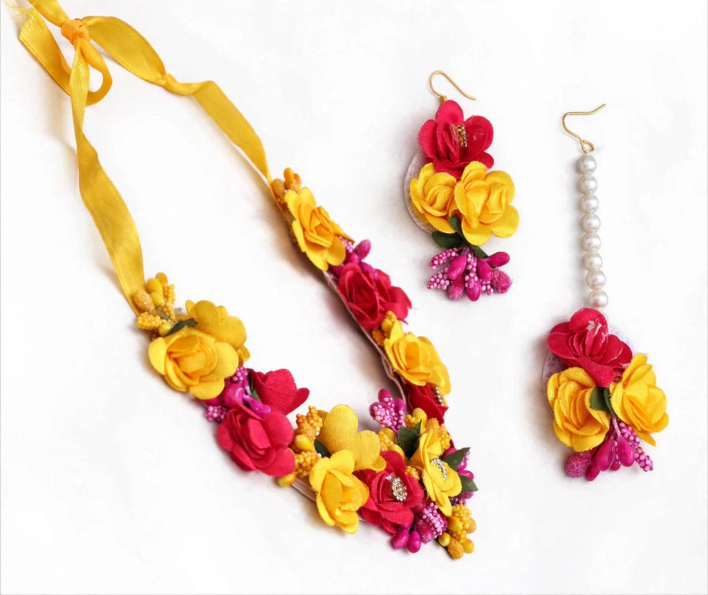 Genda Yellow & Red Floral Haldi Jewellery Set - second angle