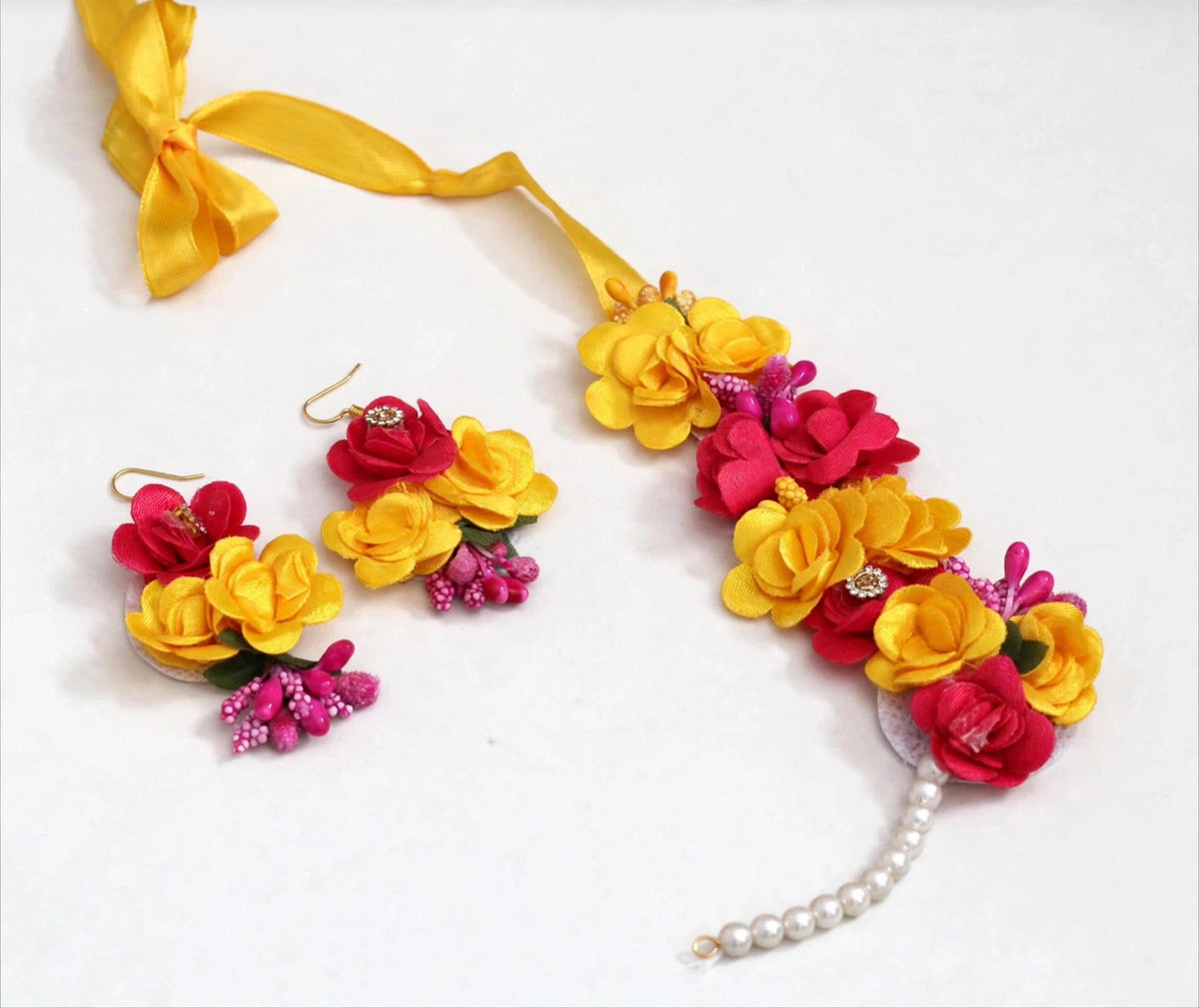 Genda Yellow & Red Floral Haldi Jewellery Set - 3D view