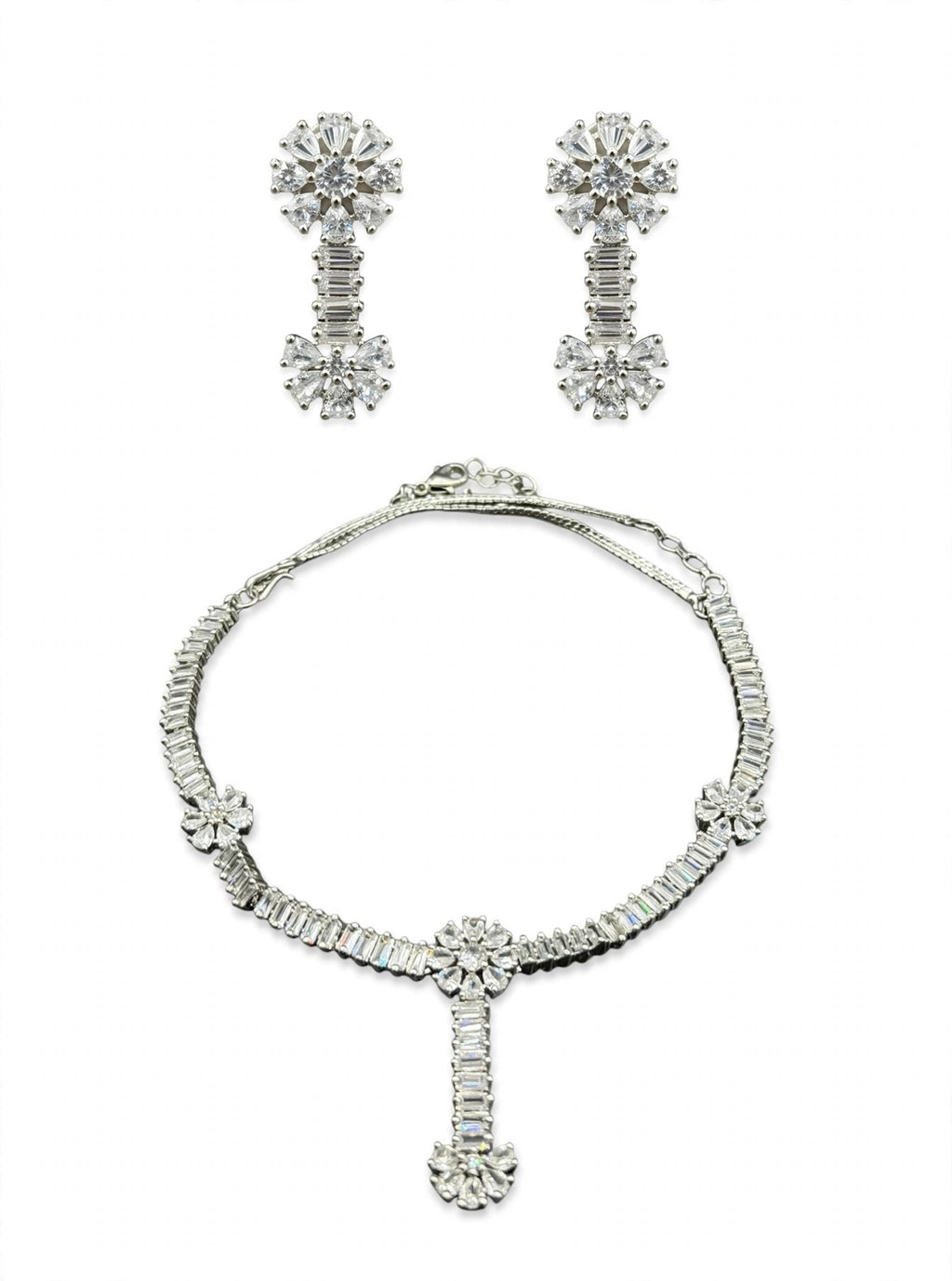 Heera Silver Baguette CZ Necklace Set - studio view