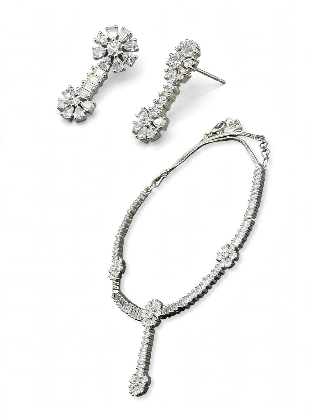 Heera Silver Baguette CZ Necklace Set - second angle