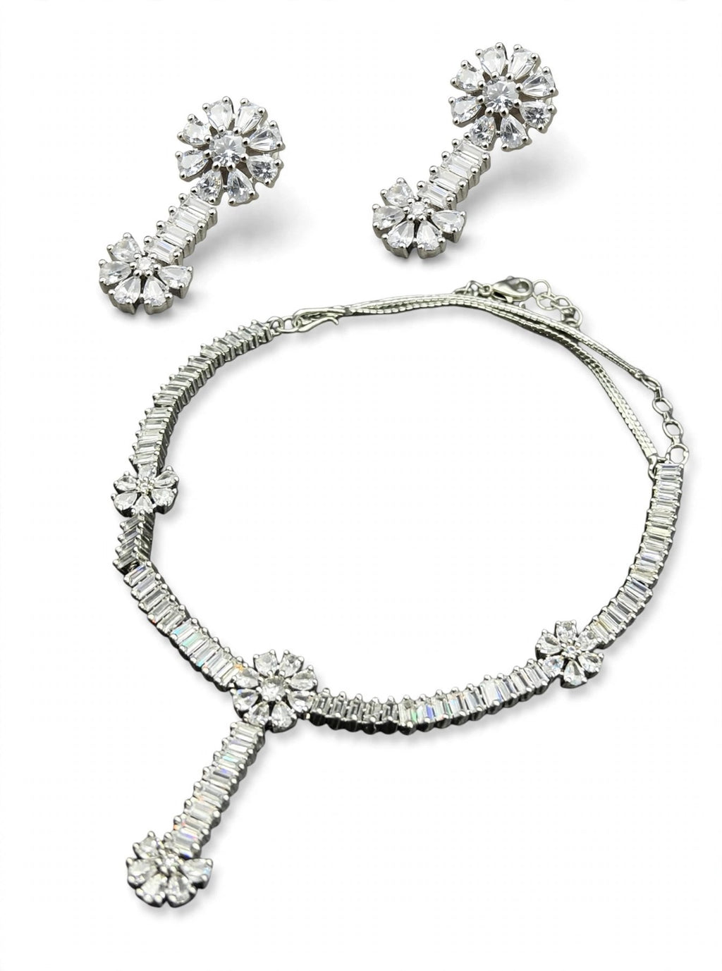 Heera Silver Baguette CZ Necklace Set - 3D view