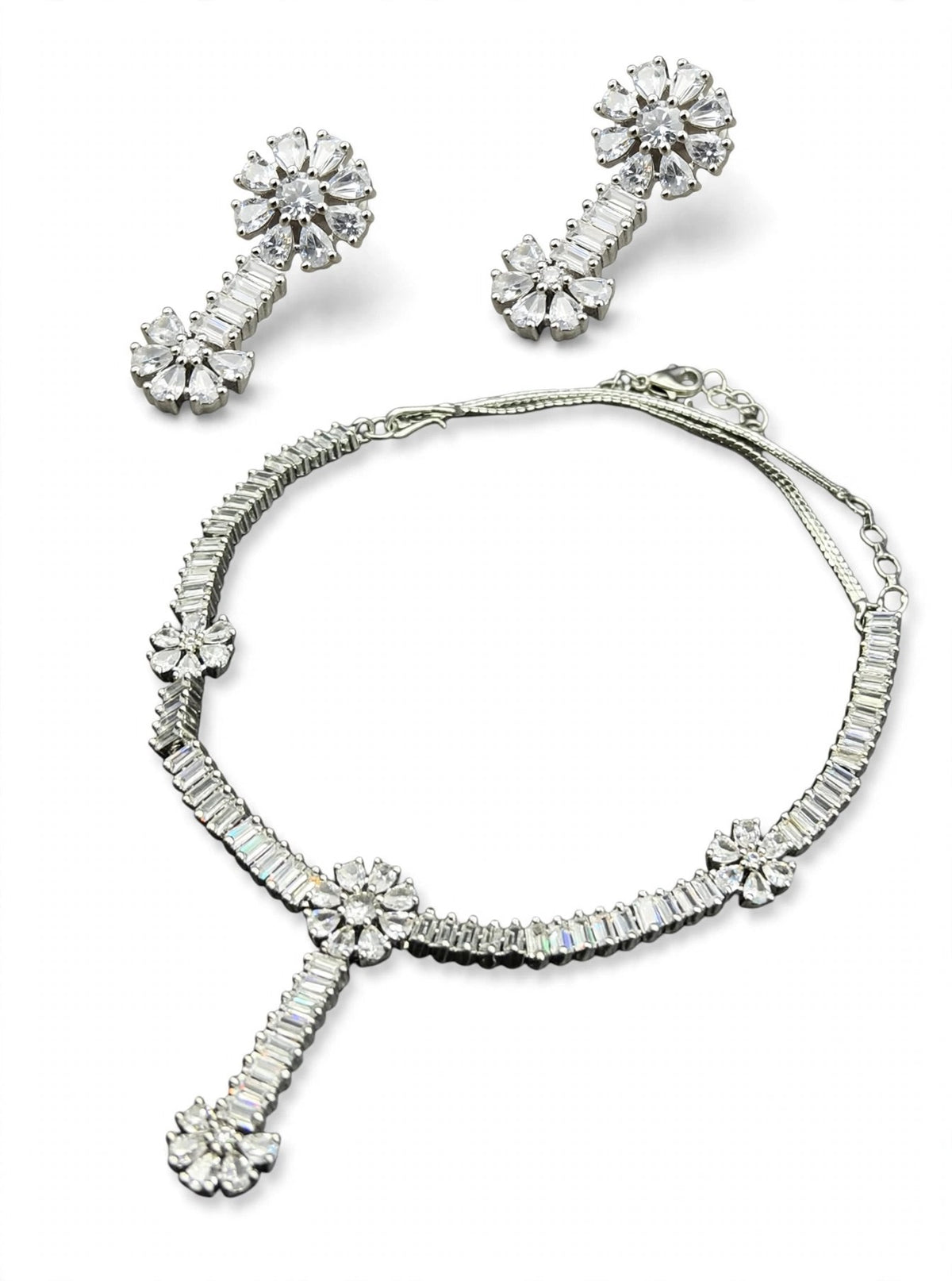 Heera Silver Baguette CZ Necklace Set - 3D view