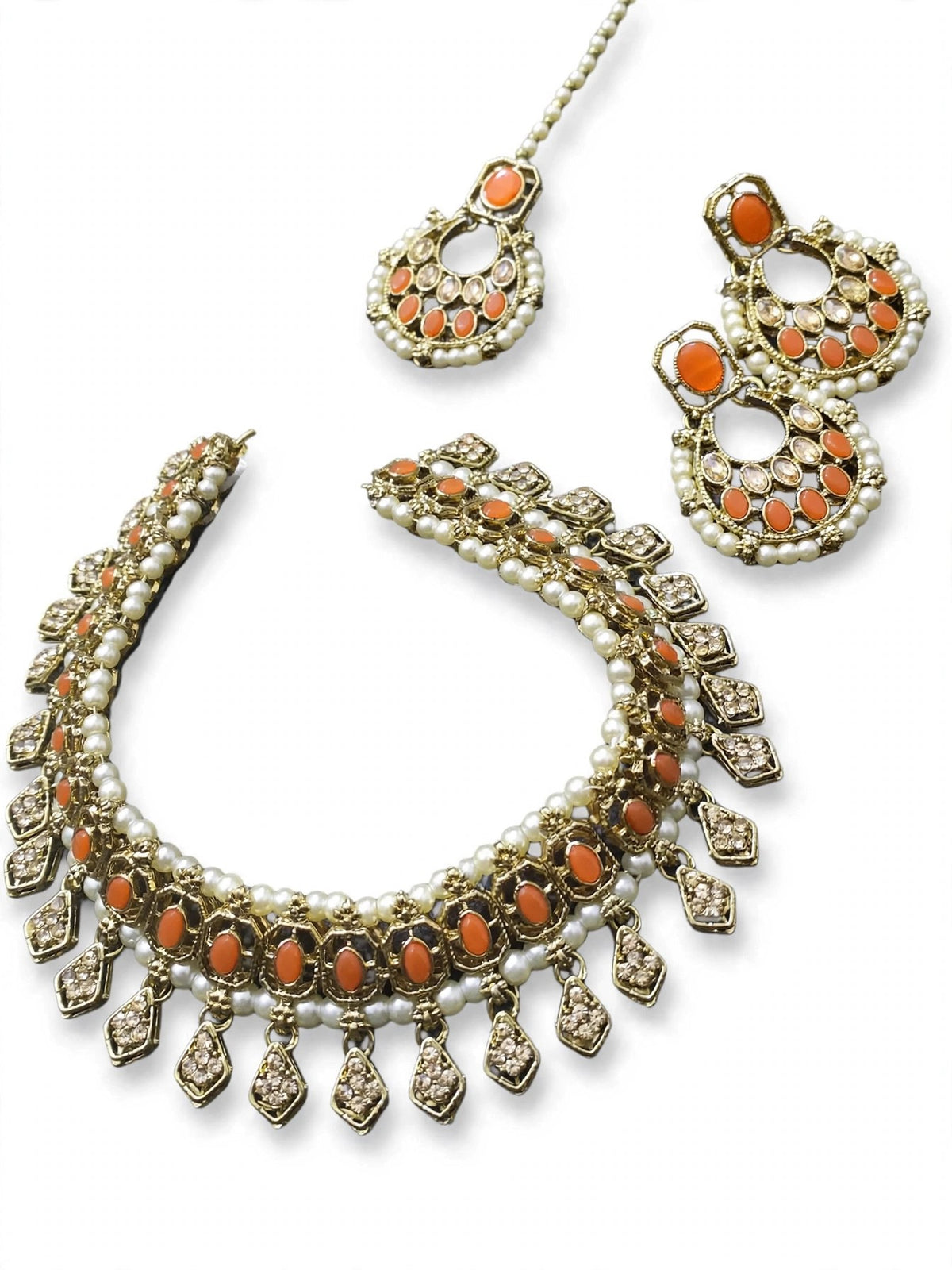 Sandhya Orange Pearl Chandbali Choker Set - 3D view